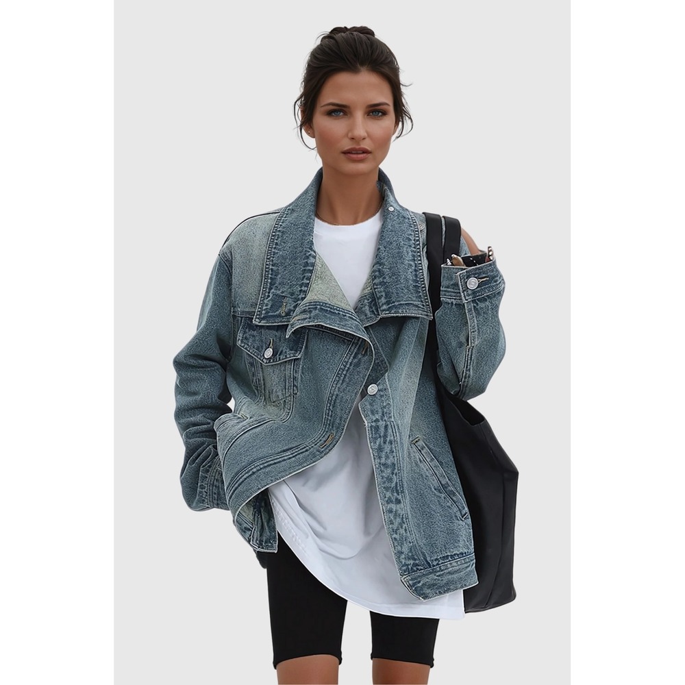 Innovare Denim Womens Aegle‎ Deconstruct Asymmetric Denim Jacket Blue Large